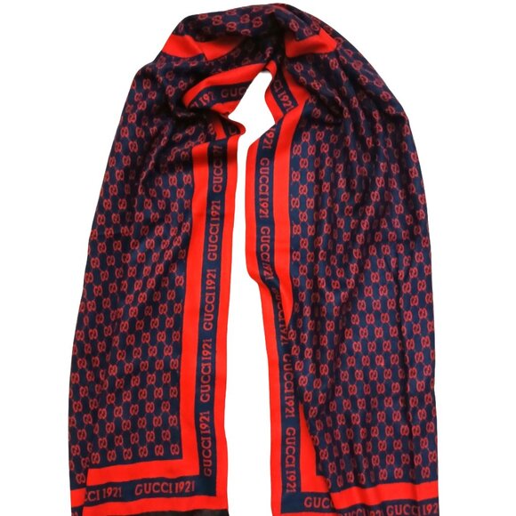 GUCCI Luxury Vintage Monogram Blue & Red Silk Shawl Wrap Scarf